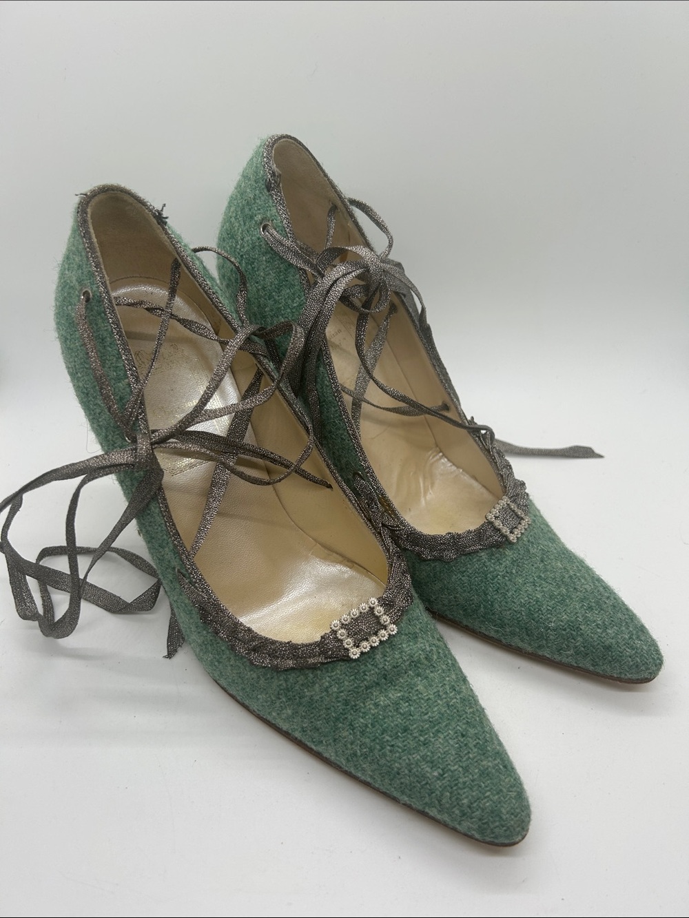 Christian Dior Auth Pointed Toe Green Tweed Lace-Up Heels Shoes **Size 36/US 6**